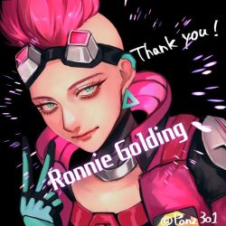 Rule 34 | 1girl, apex legends, black background, black gloves, blue eyes, collarbone, commission, earrings, expressionless, gloves, goggles, goggles on head, horizon (apex legends), jacket, jewelry, looking at viewer, mohawk, neon stardust horizon, official alternate costume, pink hair, pink jacket, portrait, skeb commission, solo, tama (ponz3o1), triangle earrings, twitter username, v