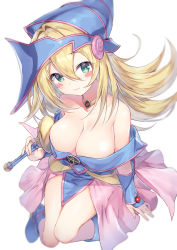 Rule 34 | 1girl, bare shoulders, blonde hair, blue dress, blue footwear, blue hat, blush stickers, boots, breasts, cleavage, closed mouth, commentary, dark magician girl, dress, duel monster, floating, full body, green eyes, hat, highres, holding, holding wand, large breasts, long hair, long sleeves, looking at viewer, medium dress, neck ribbon, ribbon, simple background, smile, solo, topia, wand, white background, wizard hat, yu-gi-oh!, yu-gi-oh! duel monsters