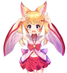 Rule 34 | 1girl, :d, animal ear fluff, animal ears, arms up, bare shoulders, bell, blonde hair, blue eyes, blush, bow, collarbone, commentary request, cowboy shot, detached sleeves, fang, fingernails, fox ears, highres, jingle bell, kemomimi oukoku kokuei housou, long hair, long sleeves, looking at viewer, mikoko (kemomimi oukoku kokuei housou), mimikaki (men bow), navel, open mouth, pleated skirt, red bow, red skirt, sidelocks, simple background, skirt, smile, solo, twintails, virtual youtuber, white background, wide sleeves