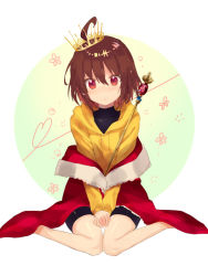 Rule 34 | 1girl, ahoge, bike shorts, blush, brown hair, crown, flat chest, hood, hoodie, linne, looking at viewer, off shoulder, orange shirt, own hands together, red eyes, scepter, shirt, short hair, sitting, solo, staff, under night in-birth, v arms, wariza, yusano