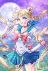 Rule 34 | 1girl, 2022, :d, bishoujo senshi sailor moon, bishoujo senshi sailor moon s, blonde hair, blue eyes, blue skirt, bow, bowtie, choker, circlet, collarbone, cowboy shot, crescent, crescent earrings, double bun, earrings, elbow gloves, floating hair, full moon, gloves, hair bun, hair intakes, hand on own hip, heart, heart choker, jewelry, long hair, miniskirt, moon, open mouth, parted bangs, pleated skirt, red bow, red bowtie, red choker, sailor moon, sailor senshi uniform, skirt, smile, solo, star (symbol), star earrings, super sailor moon, tuka ryo, twintails, v, very long hair, white gloves