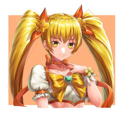Rule 34 | 1girl, absurdres, blonde hair, border, bow, bowtie, choker, collarbone, crop top, cure sunshine, floating hair, flower, hair bow, hair flower, hair ornament, heartcatch precure!, highres, long hair, looking at viewer, orange bow, orange choker, precure, sakana sakanama, short sleeves, solo, twintails, upper body, very long hair, white border, yellow bow, yellow bowtie, yellow eyes, yellow flower