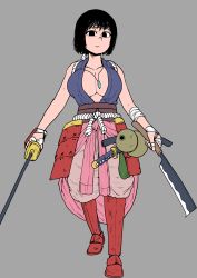 Rule 34 | 1girl, absurdres, black eyes, black hair, breasts, chanta (ayatakaoisii), cleavage, expressionless, grey background, grey pants, highres, holding, holding sword, holding weapon, jewelry, large breasts, looking at viewer, necklace, original, pants, rope, short hair, simple background, solo, sword, weapon