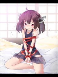 Rule 34 | 1girl, ahoge, bare shoulders, bed sheet, black skirt, blush, bound, brown hair, clothes pull, collarbone, commentary request, flying sweatdrops, headgear, highres, letterboxed, nose blush, old school swimsuit, parted lips, pleated skirt, red eyes, red ribbon, ribbon, ribbon bondage, ryogo, school swimsuit, skirt, skirt pull, solo, sweat, swimsuit, swimsuit under clothes, touhoku kiritan, twintails, voiceroid, window