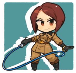 Rule 34 | 1girl, blush, bob cut, boots, border, brown hair, chibi, drop shadow, full body, gloves, green background, holding, holding whip, ibara., military, military uniform, short hair, solo, standing, the king of fighters, uniform, whip, whip (kof), white border