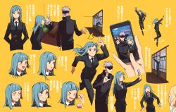 Rule 34 | &gt; &lt;, 1girl, 2boys, afterimage, architecture, arms behind back, arrow (symbol), asymmetrical bangs, bald, black jacket, black neckwear, black pants, black suit, blindfold, blue eyes, blue hair, blush stickers, breasts, cane, cellphone, clenched hand, clenched teeth, collared shirt, commentary, couch, cowboy shot, dress shirt, east asian architecture, expressionless, facial hair, formal, gakuganji yoshinobu, goatee, gojou satoru, hakama, hakama skirt, highres, jacket, japanese clothes, jujutsu kaisen, kimono, light blue hair, long hair, looking at viewer, medium breasts, miwa kasumi, motion lines, multiple boys, multiple views, necktie, open mouth, pant suit, pants, phone, running, selfie, shirt, silver hair, simple background, sitting, skirt, sliding doors, smartphone, smile, spiked hair, spinning, straight hair, suit, table, tachibanakimi, taking picture, teeth, thick eyebrows, translated, turtleneck, wavy mouth, white kimono, white shirt, wing collar, yellow background