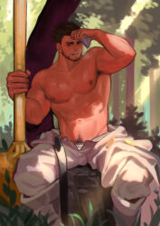 Rule 34 | 1boy, abs, absurdres, armpit hair, baimeme, bara, beard, black hair, breath, clothes down, dungeon and fighter, facial hair, feet out of frame, forest, grass, hair slicked back, highres, large pectorals, male focus, male priest (dungeon and fighter), male underwear, male underwear peek, mature male, monk (dungeon and fighter), muscular, muscular male, mustache stubble, nature, nipples, overalls, pectorals, planted, priest (dungeon and fighter), short hair, sitting, solo, stomach, stubble, sunlight, sweat, thick eyebrows, topless male, tree, underwear, very sweaty, white overalls, wiping sweat