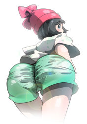 Rule 34 | 1girl, ass, beanie, black hair, blue eyes, blush, cameltoe, creatures (company), floral print, from behind, from below, game freak, hat, huge ass, light, looking back, nintendo, pantylines, pokemon, pokemon sm, red hat, see-through, selene (pokemon), shirt, short hair, short shorts, short sleeves, shorts, simple background, solo, white background