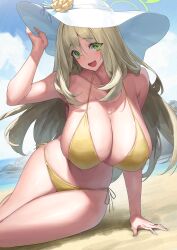 Rule 34 | 1girl, :d, absurdres, arm support, beach, bikini, blonde hair, blue archive, blue sky, breasts, cleavage, cloud, cloudy sky, day, flower, green eyes, halo, hand on headwear, hat, hat flower, highres, huge breasts, long hair, looking at viewer, nonomi (blue archive), nonomi (swimsuit) (blue archive), open mouth, outdoors, sky, smile, solo, stomach, sun hat, swimsuit, thighs, very long hair, white hat, yamanokami eaka, yellow bikini