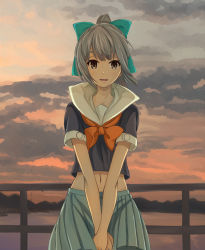 Rule 34 | 10s, 1girl, :d, black serafuku, bow, cloud, cloudy sky, green skirt, grey hair, hair bow, kantai collection, looking at viewer, midriff, navel, open mouth, outdoors, own hands together, pantyhose, pleated skirt, railing, school uniform, serafuku, short sleeves, skirt, sky, smile, standing, sunrise, suzumo70, v arms, yuubari (kancolle)