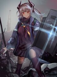 Rule 34 | 1girl, arknights, black skirt, blue jacket, blush, breasts, commentary, crane (machine), dot nose, dragon girl, dragon horns, frown, grey hair, grey sky, highres, holding, holding shield, holster, horns, jacket, lens flare, liskarm (arknights), looking at viewer, medium breasts, medium hair, outdoors, pile of trash, pleated skirt, ponytail, purple shirt, purple thighhighs, red eyes, riot shield, ruyu (txzy22), shield, shirt, sidelocks, skirt, sky, solo, thighhighs