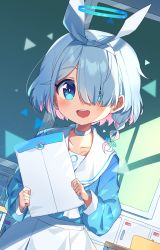 Rule 34 | 1girl, arona (blue archive), asymmetrical bangs, blue archive, blue eyes, blue hair, blue serafuku, blush, braid, chalkboard, classroom, collarbone, commentary request, envelope, hair over one eye, halo, headband, highres, looking at viewer, open mouth, school uniform, serafuku, single braid, solo, wagashi928