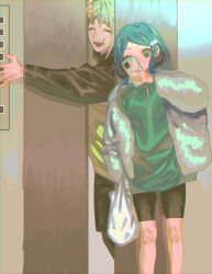 Rule 34 | 1boy, 1girl, :d, ^ ^, anchiki shou, bad id, bad twitter id, bag, black shorts, blue hair, cellphone, closed eyes, elevator, elevator door, facing viewer, feet out of frame, green eyes, green shirt, hand up, highres, holding, holding bag, holding phone, indoors, jacket, king of prism by prettyrhythm, long sleeves, open mouth, outstretched arm, phone, plastic bag, pretty rhythm, pretty series, puffy long sleeves, puffy sleeves, rinne (pretty rhythm), shine (pretty series), shirt, short hair, shorts, smartphone, smile, standing, stuck, white jacket