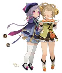 Rule 34 | 2girls, :d, absurdres, artist name, bead necklace, beads, bell, boots, bow-shaped hair, brown hair, closed eyes, coin purse, commentary request, dated, flower, full body, genshin impact, grey hair, hair bell, hair ornament, hat, highres, holding, holding plate, jewelry, jiangshi costume, koebushi (mat), long hair, long sleeves, looking at viewer, lotus, multiple girls, necklace, open mouth, plate, pom pom (clothes), purple eyes, qingdai guanmao, qiqi (genshin impact), shorts, simple background, skindentation, smile, standing, thighhighs, white background, white thighhighs, yaoyao (genshin impact)