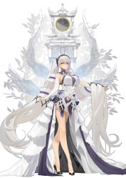 Rule 34 | 1girl, absurdly long hair, azur lane, bare shoulders, black choker, black footwear, black neckwear, black sailor collar, bow, dress bow, breasts, choker, clock, clock tower, clothing cutout, dress, dress bow, feather dress, formidable (azur lane), formidable (timeless classics) (azur lane), full body, hair ribbon, high heels, large breasts, long dress, long hair, looking at viewer, navel cutout, official alternate costume, ribbon, sailor collar, simple background, solo, stiletto heels, tower, twintails, two-tone dress, two-tone ribbon, uyuyuun, veil, very long hair, white background, white dress