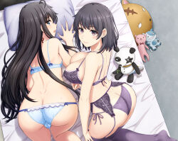 Rule 34 | 2girls, absurdres, ahoge, all fours, ass, back, bed, black hair, blue bra, blue eyes, blue panties, bra, breasts, butt crack, cameltoe, cleavage, commentary request, dimples of venus, from above, from behind, garter belt, garter straps, highres, inanaki shiki, large breasts, lingerie, long hair, looking at viewer, looking back, looking up, multiple girls, on bed, panties, pillow, purple bra, purple eyes, purple panties, short hair, siblings, sisters, small breasts, stuffed animal, stuffed panda, stuffed toy, sweat, underwear, underwear only, yahari ore no seishun lovecome wa machigatteiru., yukinoshita haruno, yukinoshita yukino