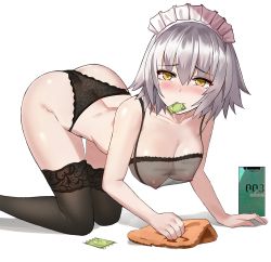 Rule 34 | 1girl, all fours, ass, bad id, bad pixiv id, bare arms, bare shoulders, black panties, black thighhighs, breasts, cleavage, collarbone, commentary request, condom, condom in mouth, condom wrapper, fate/grand order, fate (series), grey hair, holding, jeanne d&#039;arc (fate), jeanne d&#039;arc alter (avenger) (fate), jeanne d&#039;arc alter (fate), large breasts, looking at viewer, maid headdress, mouth hold, nipples, panties, rag, see-through, shadow, short hair, simple background, solo, suou-sensei, thighhighs, underwear, white background, yellow eyes