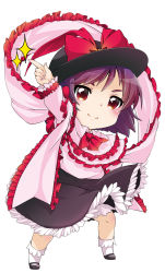 Rule 34 | 1girl, bad id, bad pixiv id, berry jou, bow, chibi, frills, hand on own hip, hat, highres, looking at viewer, nagae iku, pointing, pointing up, purple hair, red eyes, ribbon, saturday night fever, shawl, short hair, simple background, smile, solo, sparkle, touhou, white background