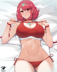 Rule 34 | 1girl, alternate costume, artist logo, bed sheet, bikini, bob cut, breasts, chest jewel, choker, cleavage, closed mouth, commentary, core crystal (xenoblade), drop earrings, earrings, english commentary, fur-trimmed bikini, fur trim, gluteal fold, jewelry, kaos art, large breasts, looking at viewer, navel, paid reward available, pyra (xenoblade), red choker, red eyes, red hair, red ribbon, ribbon, santa bikini, short hair, side-tie bikini bottom, smile, solo, swept bangs, swimsuit, xenoblade chronicles (series), xenoblade chronicles 2