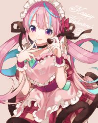 Rule 34 | 1girl, :q, apron, black choker, blue hair, blue nails, booota, bow, brown background, candy, chocolate, chocolate heart, choker, closed mouth, collarbone, commentary request, dress, eyebrows hidden by hair, food, frilled apron, frills, fur-trimmed dress, fur trim, hair bow, hands up, happy valentine, heart, highres, holding, holding food, hololive, licking lips, long hair, maid headdress, minato aqua, multicolored hair, nail polish, pink apron, pink hair, plaid, plaid dress, pleated dress, puffy short sleeves, puffy sleeves, purple eyes, red bow, red dress, short sleeves, simple background, smile, solo, streaked hair, tongue, tongue out, twintails, two-tone hair, valentine, very long hair, virtual youtuber, wrist cuffs