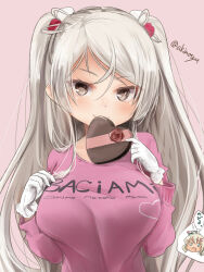 Rule 34 | 2girls, akino shuu, blush, box, breasts, brown eyes, closed mouth, clothes writing, conte di cavour (kancolle), cosplay, gift, gift box, gloves, grecale (kancolle), grecale (kancolle) (cosplay), grey hair, heart-shaped box, kantai collection, large breasts, long hair, long sleeves, looking at viewer, multiple girls, pink shirt, shirt, smile, solo focus, thought bubble, translation request, twitter username, two side up, upper body, valentine, white gloves