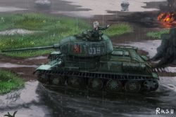 Rule 34 | 1girl, arm up, artist name, blonde hair, blue eyes, clara (girls und panzer), commentary request, dnjd15411541, emblem, girls und panzer, green jacket, jacket, korean commentary, long hair, long sleeves, military, military vehicle, motor vehicle, pravda (emblem), pravda military uniform, rain, red shirt, shirt, solo, t-34, t-34-85, tank, turtleneck, vehicle focus