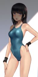 Rule 34 | 1girl, bare shoulders, black hair, blue eyes, blue one-piece swimsuit, blush, breasts, collarbone, competition swimsuit, highleg, highleg swimsuit, highres, long hair, looking at viewer, medium breasts, one-piece swimsuit, open mouth, original, solo, swimsuit, thighs, wa (genryusui), wristband