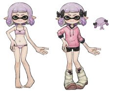 Rule 34 | 1girl, barefoot, bike shorts, black bow, boots, bow, closed mouth, grey hair, hair bow, highres, hood, hoodie, huayuan0304, inkling, inkling girl, inkling player character, looking at viewer, multiple hair bows, multiple views, navel, nintendo, pink hoodie, pointy ears, purple hair, short hair, simple background, smile, solid circle eyes, splatoon (series), tentacle hair, underwear, white background