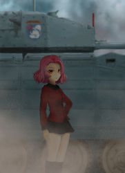 Rule 34 | 1girl, bananannu, black legwear, black skirt, blurry, blurry background, brown eyes, commentary request, crusader (tank), dust cloud, emblem, girls und panzer, hand on own hip, highres, jacket, long sleeves, military, military uniform, military vehicle, miniskirt, motor vehicle, parted bangs, pleated skirt, red hair, red jacket, revision, rosehip (girls und panzer), short hair, skirt, smile, solo, st. gloriana&#039;s (emblem), st. gloriana&#039;s military uniform, standing, tank, uniform