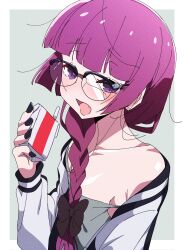 Rule 34 | 1girl, absurdres, alcohol carton, bespectacled, black bow, black nails, bocchi the rock!, bow, braid, collarbone, commentary, dress, ear piercing, earrings, glasses, goumonsha, hair bow, highres, hiroi kikuri, holding carton, jewelry, long hair, open mouth, piercing, purple eyes, purple hair, solo, strap slip, stud earrings, symbol-only commentary