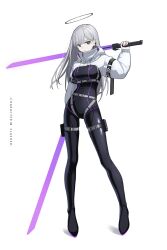 Rule 34 | 1girl, arm up, belt, black bodysuit, blunt bangs, bodysuit, breasts, brown eyes, closed mouth, drawstring, dual wielding, ear piercing, expressionless, full body, grey hair, halo, highres, holding, holding sword, holding weapon, kawara pigeon, large breasts, long sleeves, looking at viewer, original, piercing, shrug (clothing), solo, standing, sword, thigh strap, weapon