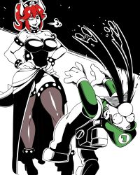 Rule 34 | 1boy, 1girl, armlet, bowsette, bracelet, collar, crown, demon girl, facial hair, fangs, hands on own hips, horns, jewelry, luigi, luigi&#039;s mansion, mario (series), mustache, new super mario bros. u deluxe, nintendo, nisego, one eye closed, pointy ears, poltergust g-00, spiked armlet, spiked bracelet, spiked collar, spiked shell, spiked tail, spikes, super mario bros. 1, tagme, tail, uncensored