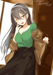 Rule 34 | 1girl, ;d, black hair, blush, breasts, brown eyes, brown jacket, brown skirt, cleavage, collarbone, commentary request, cosplay, cowboy shot, dated, green shirt, hair between eyes, hair ornament, hairband, hairclip, haruna (kancolle), jacket, kantai collection, kirishima (kancolle) (cosplay), kyougoku touya, large breasts, long hair, looking at viewer, one-hour drawing challenge, one eye closed, open mouth, shirt, skirt, smile, solo, twitter username, white hairband