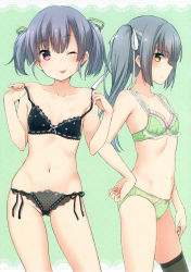 Rule 34 | 10s, 2girls, :p, ;p, absurdres, bare arms, bare shoulders, black bra, black hair, black panties, bow, bow bra, bow panties, bra, breasts, frown, green background, green bra, green panties, grey hair, hair ribbon, headband, highres, kantai collection, kasumi (kancolle), lace, lace-trimmed bra, lace-trimmed panties, lace trim, looking at viewer, multiple girls, nagami yuu, navel, one eye closed, ooshio (kancolle), panties, pink eyes, ribbon, scan, short hair, side-tie panties, side ponytail, single thighhigh, small breasts, smile, thighhighs, tongue, tongue out, underwear, underwear only, wink, yellow eyes