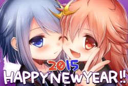 Rule 34 | 10s, 2015, 2girls, ;d, bad id, bad pixiv id, blue eyes, blue hair, blush, crescent, crescent hair ornament, fang, hair ornament, happy new year, highres, kantai collection, long hair, multiple girls, new year, one eye closed, open mouth, red eyes, red hair, rom (kochirasama), short hair with long locks, smile, uzuki (kancolle), v, yayoi (kancolle)