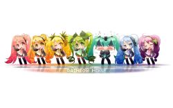 Rule 34 | 6+girls, alternate color, alternate hairstyle, apple, blueberry, cherry blossoms, chibi, detached sleeves, food, food-themed clothes, fruit, grapes, hatsune miku, headset, long hair, mao yu, multiple girls, orange (fruit), pineapple, rainbow, thighhighs, twintails, v, very long hair, vocaloid