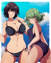 Rule 34 | 2girls, ass, bikini, black bikini, black hair, black ribbon, blunt bangs, breasts, cleavage, closed mouth, collarbone, contrapposto, cowboy shot, curly hair, expressionless, eyebrows, from behind, front-tie bikini top, front-tie top, fubuki (one-punch man), green eyes, heart, highres, large breasts, looking back, miyuki tsukiyono, multiple girls, one-piece swimsuit, one-punch man, parted lips, purple one-piece swimsuit, ribbon, shiny skin, short hair, siblings, side-tie bikini bottom, signature, sisters, standing, swimsuit, tatsumaki, teeth