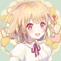 Rule 34 | 1girl, :d, blonde hair, blouse, blush, bob cut, bow, cookie, food, green background, kapin, lace, looking at viewer, open mouth, original, red bow, red eyes, shirt, short hair, smile, solo, upper body, white shirt