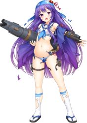Rule 34 | &gt;:d, 1girl, :d, artist request, bandana, broken, broken weapon, cannon, detached sleeves, fang, full body, holding, holding weapon, kneehighs, long hair, midriff, navel, official art, open mouth, oshiro project:re, panties, purple eyes, purple hair, sailor bikini, sailor collar, smile, socks, striped clothes, striped panties, torn clothes, torn socks, transparent background, underwear, v-shaped eyebrows, very long hair, wakamatsu (oshiro project), weapon
