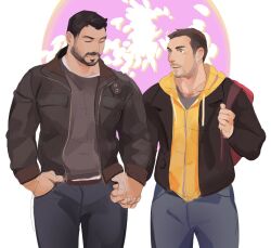 Rule 34 | 2boys, backpack, bag, bara, beard stubble, character request, couple, denim, facial hair, feet out of frame, highres, holding hands, hydaus, jeans, male focus, mature male, multiple boys, muscular, muscular male, mustache stubble, pants, short hair, smile, standing, stubble, thick eyebrows, weekend 2011, yaoi