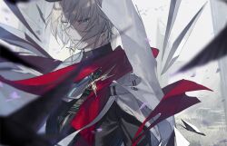 Rule 34 | 1boy, arknights, black shirt, broken glass, brooch, building, coat, commentary request, ebira, executor (arknights), executor the ex foedere (arknights), frown, glass, grey background, grey eyes, grey hair, highres, jewelry, looking at viewer, male focus, outdoors, parted lips, red scarf, scarf, shirt, short hair, solo, upper body, white coat, wings