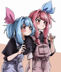 Rule 34 | 2girls, black shirt, blue bow, blue hair, blue overalls, blunt bangs, blush, bow, closed mouth, commentary, cowboy shot, hair bow, hair intakes, hand on another&#039;s arm, hand up, hiding, hiding behind another, highres, kotonoha akane, kotonoha aoi, layered shirt, leaning forward, looking ahead, multiple girls, natsu tuna, orange background, overalls, pink bow, pink hair, pink overalls, raised eyebrow, red eyes, shirt, siblings, side ponytail, sidelocks, sisters, smirk, strap pull, two-tone background, v-shaped eyebrows, voiceroid, wavy mouth, white background, white shirt