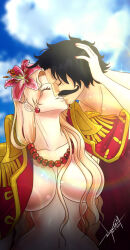 Rule 34 | 1boy, 1girl, artist name, black hair, blonde hair, closed eyes, couple, earrings, elizagm, facial hair, flower, gol d. roger, hair flower, hair ornament, hand on another&#039;s head, imminent kiss, jewelry, long hair, mustache, nail polish, necklace, one piece, pearl necklace, portgas d. rouge, short hair, signature