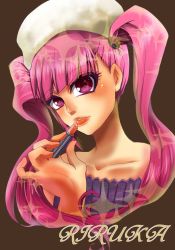 Rule 34 | 1girl, applying makeup, bare shoulders, bleach, character name, cosmetics, dokugamine riruka, highres, lipstick, lipstick tube, long hair, looking at viewer, makeup, purple eyes, purple hair, solo, sparkle, twintails, umi (totoron kjp), upper body