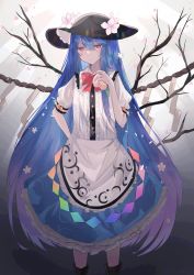 Rule 34 | 1girl, absurdres, apron, black hat, blouse, blue bow, blue hair, blue skirt, bow, branch, brown footwear, buttons, dress shirt, flower, food, frills, fruit, hat, highres, hinanawi tenshi, l neconeco l, long hair, looking at viewer, neck ribbon, peach, puffy short sleeves, puffy sleeves, rainbow order, red bow, red eyes, ribbon, rope, shide, shimenawa, shirt, shoes, short sleeves, single sidelock, skirt, solo, touhou, white shirt