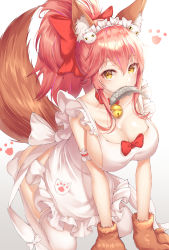 Rule 34 | 1girl, absurdres, animal ear fluff, animal ears, animal hands, apron, arm garter, bad id, bad pixiv id, bare shoulders, bell, bow, bowtie, breasts, brown eyes, cleavage, collarbone, fate/grand order, fate (series), fish, fox ears, fox tail, gloves, headdress, highres, jingle bell, kneeling, large breasts, long hair, looking at viewer, lotpi, maid apron, mouth hold, naked apron, paw gloves, pink hair, ponytail, solo, tail, tamamo (fate), tamamo cat (fate), tamamo cat (third ascension) (fate), thighhighs, white thighhighs
