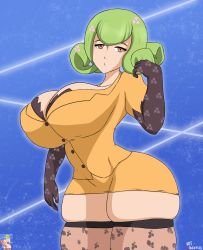Rule 34 | 1girl, absurdres, alternate breast size, bandai, binary, black gloves, black shirt, breasts, cleavage, curvy, digimon, digimon story: cyber sleuth, digimon story: cyber sleuth hacker&#039;s memory, elbow gloves, female focus, floral print, formal, gloves, green hair, hair ornament, highres, huge breasts, jacket, kishibe rie, looking at viewer, orange eyes, patterned legwear, pencil skirt, print gloves, print thighhighs, puffy sleeves, shirt, shoes, simple background, skirt, skirt suit, smile, solo, suit, thick thighs, thighhighs, thighs, yellow eyes, yellow skirt