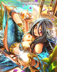 Rule 34 | 1girl, :p, bad id, bad pixiv id, black hair, bottle, breasts, cleavage, hair ornament, holding, jewelry, large breasts, long hair, looking at viewer, lots of jewelry, navel, official art, original, popqn, purple eyes, sitting, solo, tenkuu no crystalia, tongue, tongue out, watermark, web address