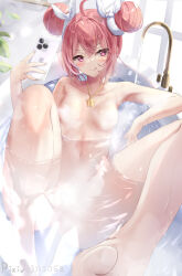 Rule 34 | 1girl, ;q, bath, bathtub, blush, cellphone, censored, censored nipples, completely nude, convenient censoring, double bun, hair bun, iphone, natuna natu, navel, nude, one eye closed, original, phone, pink hair, smartphone, smile, steam, steam censor, tongue, tongue out, water