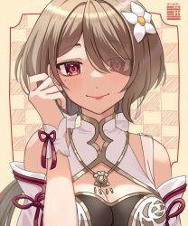 Rule 34 | 1girl, artist name, bare shoulders, breasts, brown hair, china dress, chinese clothes, cleavage, closed mouth, dress, eiimei, flower, hair flower, hair ornament, hair over one eye, highres, honkai (series), honkai impact 3rd, lipstick, long hair, looking at viewer, makeup, mole, mole under eye, purple eyes, rita rossweisse, rita rossweisse (artemis), smile, solo, white flower